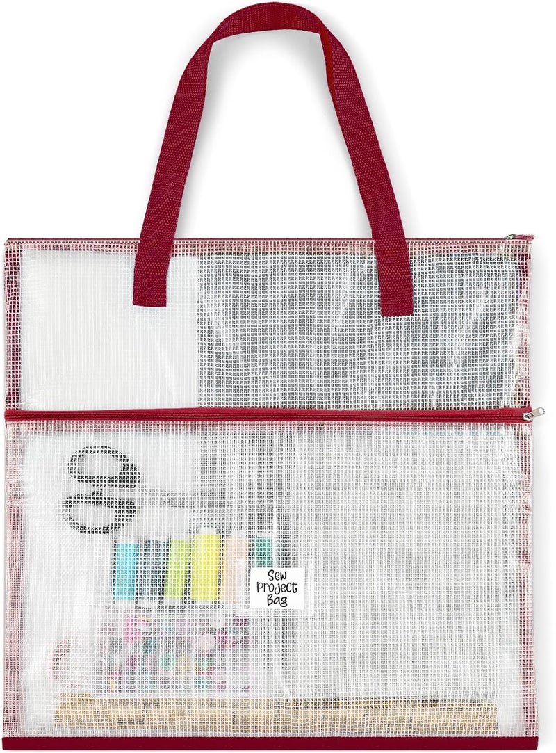 Cosblank 16.1x16.1inch Sew Project Bag Jumbo Needlepoint Project Bag for Sewing Quilting Craft Organizer Storage Portable Vinyl Mesh Zipper Pouch with Handle for Quilter Crafter Art Stitching(Red) - Image 1
